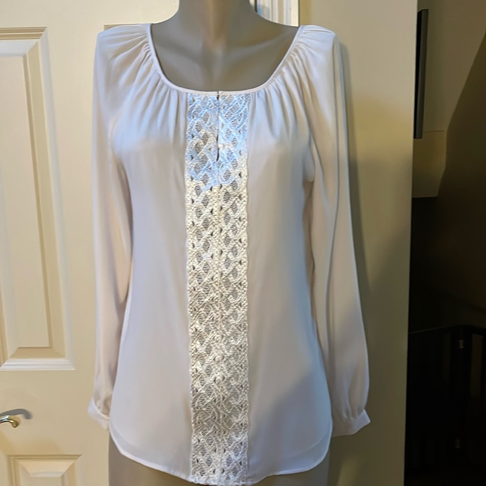 White House Black Market White Long-Sleeve Lace-Trim Blouse